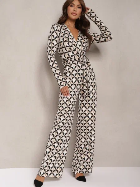 Bej-Negru Salopetă Cambrată cu Imprimeu Geometric Fenoria negru