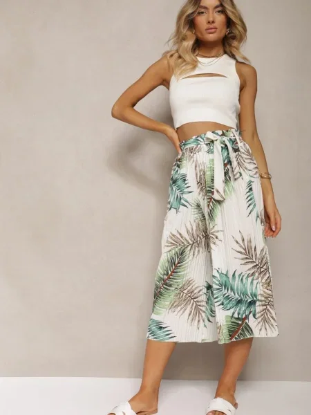 Pantaloni Plisați Alb-Verzi cu Picior Larg și Talie Înaltă Elastică Alfia alb