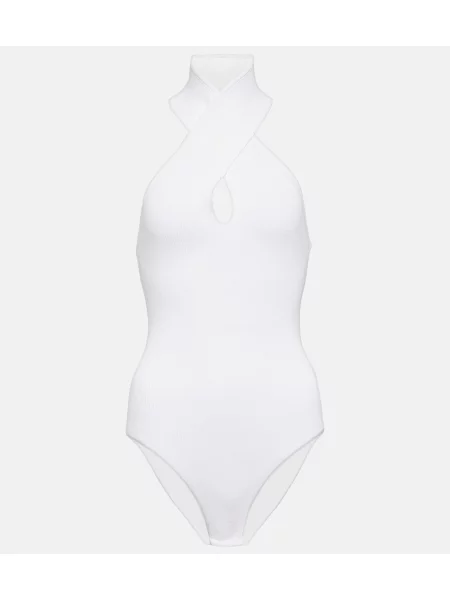 Dzianinowy top Alaã¯a z dekoltem halter prążkowany biały