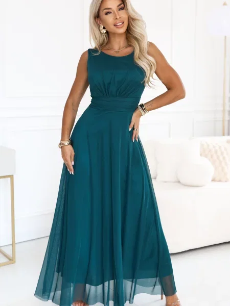 Rochie maxi Numoco Basic din tul cu decolteu rotund verde