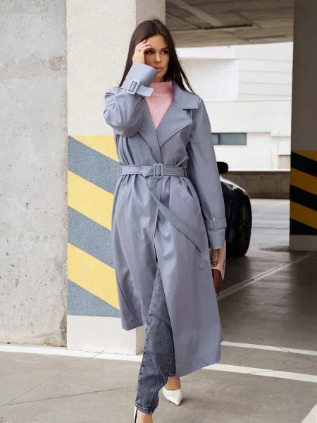 Плащ ISSA Plus штучна шкіра сірий