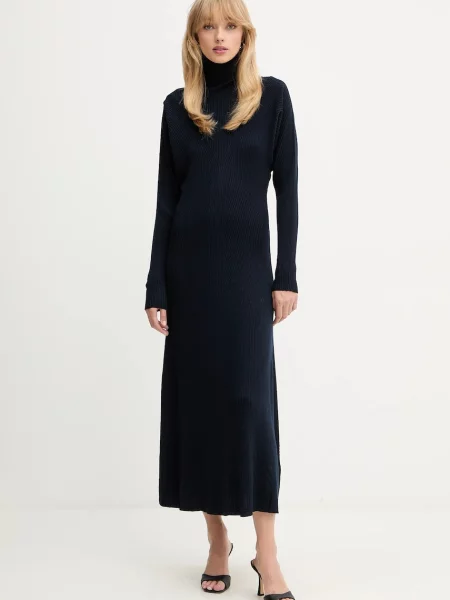 BOSS sukienka wełniana maxi rozkloszowana granatowy