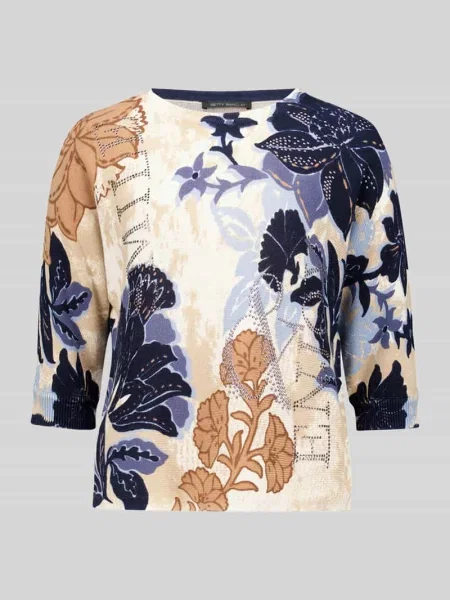 Sweter z dzianiny o kroju relaxed fit z bawełny z kwiatowym wzorem Betty Barclay beżowy