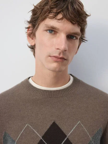 Sweter z dzianiny z mieszanki wełny średni Mężczyzna M MANGO MAN brązowy