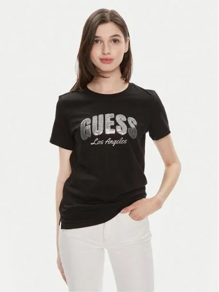Guess Tricou Ss Rn Sequins Logo T Regular Fit negru