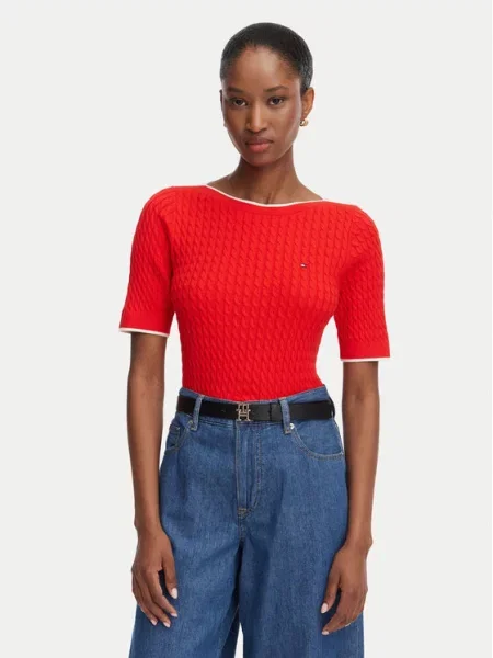 Tommy Hilfiger Pulover Fine Gg Cable Boat roșu