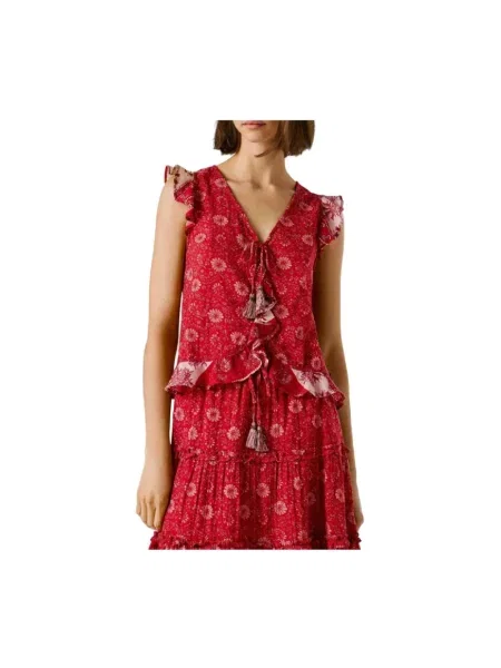 Top Pepe Jeans w kwiatki czerwony