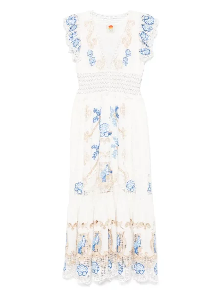 Haftowana sukienka maxi Farm Rio w kwiatki garniturowa biała