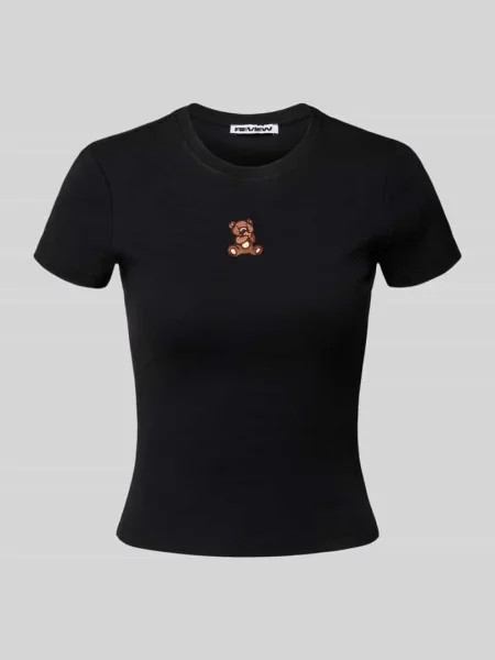 T-shirt z wyhaftowanym motywem i okrągłym dekoltem Review czarna