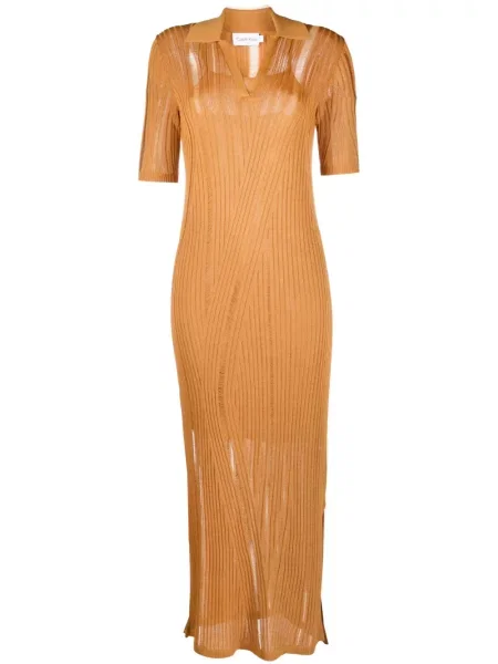 Sukienka Calvin Klein z dekoltem w serek garniturowa prążkowana pomarańczowa