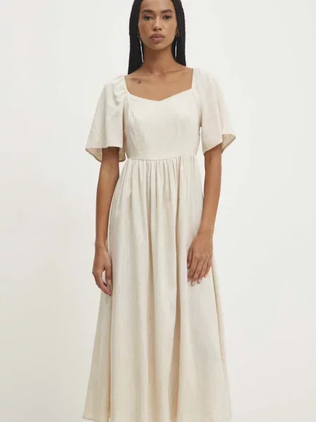 Answear.LAB sukienka z lnem midi rozkloszowana beżowy