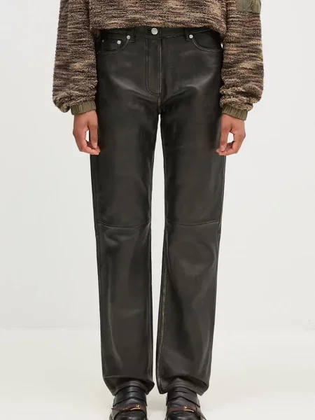 Samsoe Samsoe pantaloni de piele Salynn femei drept high waist negru