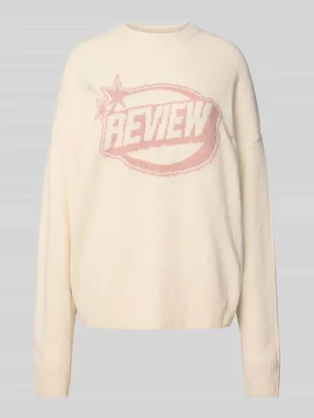 Sweter z dzianiny z nadrukiem z logo Review biały
