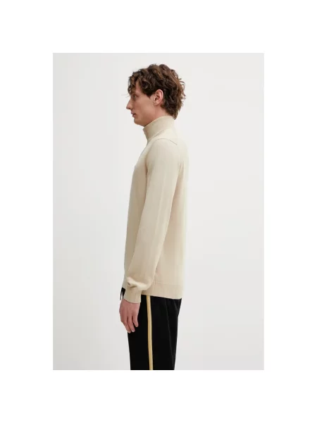 Lniany sweter z golfem Lacoste beżowy