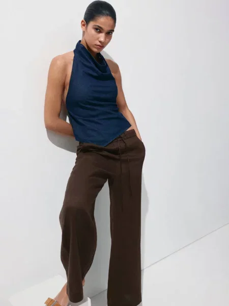 Spodnie wide leg z lnu czekoladowy Kobieta XXS MANGO