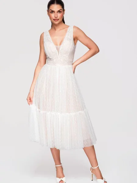 Rochie midi Edoti din dantelă alb