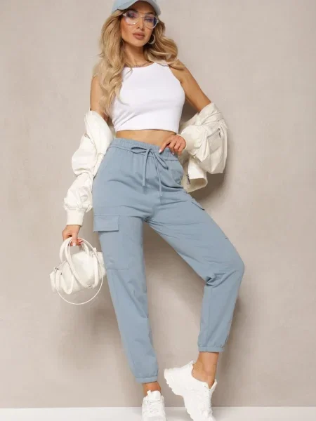 Pantaloni albaștri din cu în talie în stil sport cargo Lofriena albastru