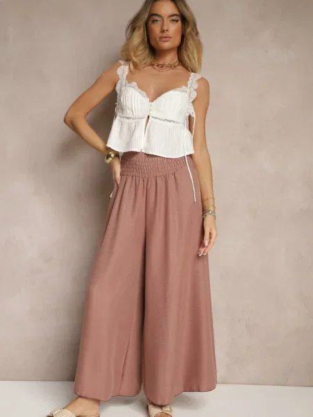 Szerokie Spodnie High Waist z Elastycznymi Gumkami w Talii Varbia brązowe