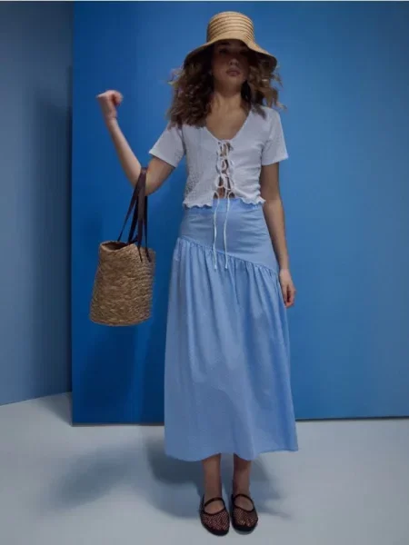 Спідниця міді з асиметричним воланом у смужку light blue синя