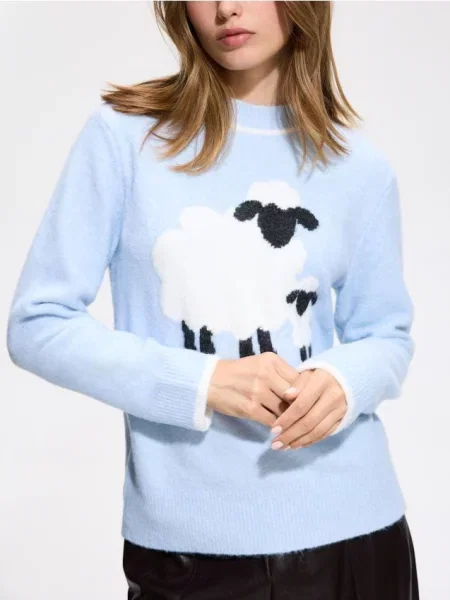 Reserved Pulover cu motiv animalier albastru-pal albastru