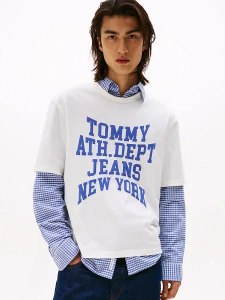 Tommy Jeans Póló VARSITY ekrü kék