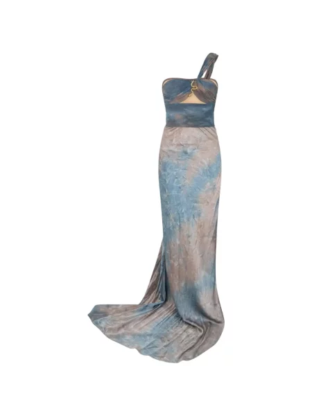 Rochie maxi Roberto Cavalli cu model piele de șarpe cu un umăr gol albastru