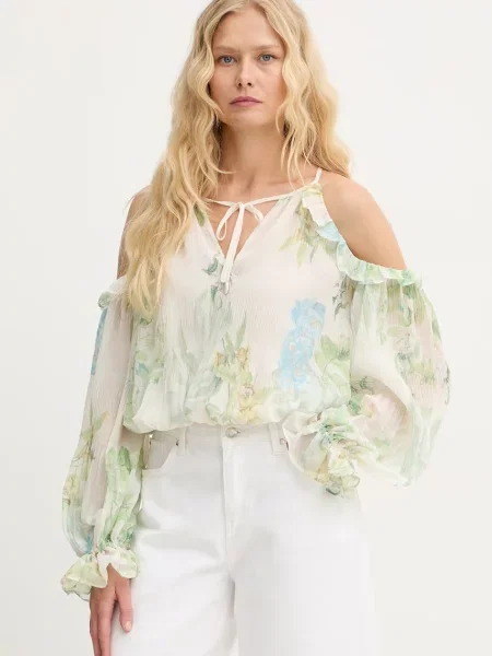 Guess bluza z volančki viskozna EMILY zelena