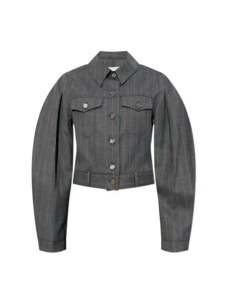 Kurtka Ganni w paski o krotszym kroju z bufiastymi rękawami szara