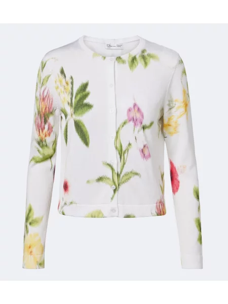 Cardigan Oscar De La Renta cu model floral din jacard alb