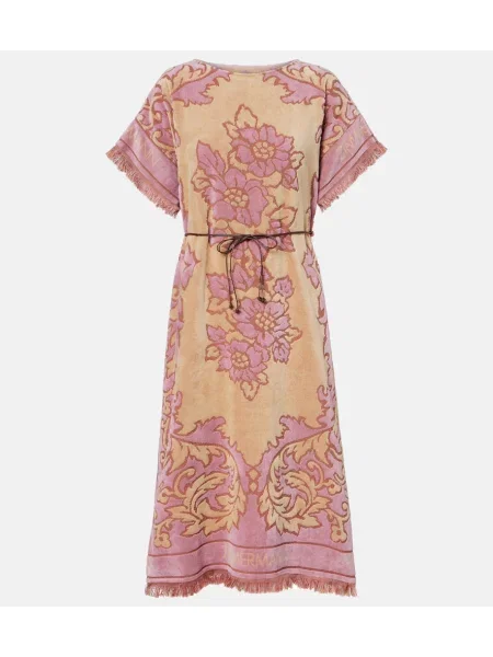 Rochie midi Zimmermann cu franjuri cu model floral din material terry roz