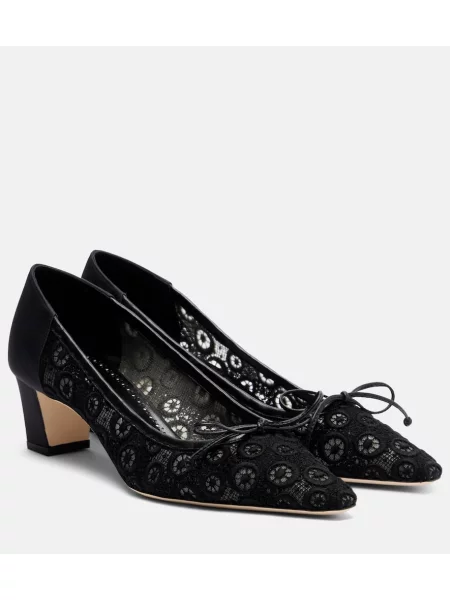Pantofi cu toc Manolo Blahnik cu funde din dantelă negru