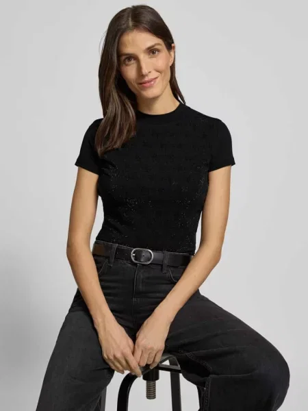 T-shirt o kroju slim fit z obszyciem kamieniami stras na całej powierzchni Guess czarna