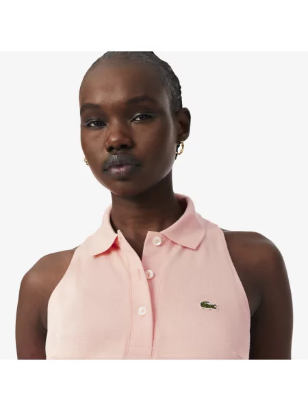 Lacoste Sukienka Z Kołnierzykiem Polo Bez Rękawów Slim Fit różowa