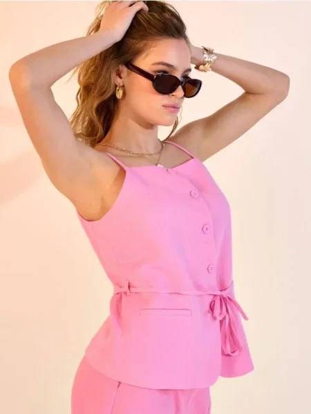 Жилет на тонких бретелях з віскозою та домішкою льону яскраво-рожевий рожевий