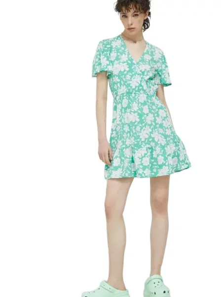 Rochie mini Billabong cu model floral cu decolteu în V verde