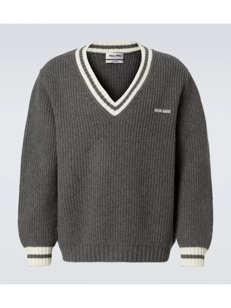 Sweter Miu Miu wełniany prążkowany szary