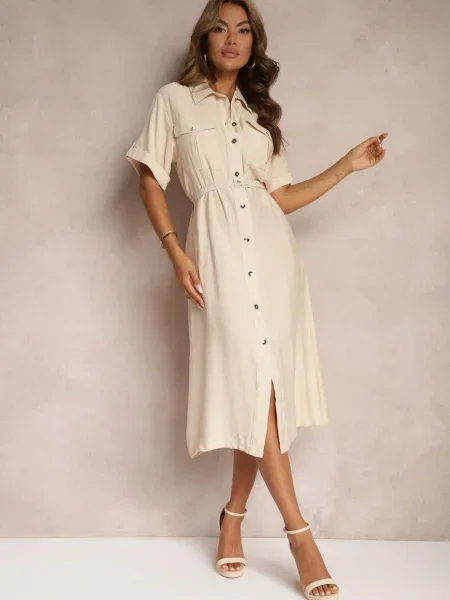 Rochie din cu croială de cămașă cu Nelsines bej