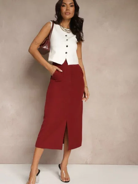 Spódnica Ołówkowa z Wiskozą High Waist z Rozcięciem Semivinia bordowa