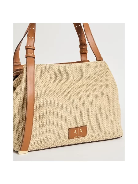 Lniana shopperka Armani Exchange pleciona beżowa
