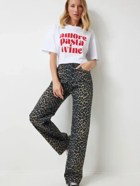 Blugi drepți Happiness İstanbul cu model leopard negru