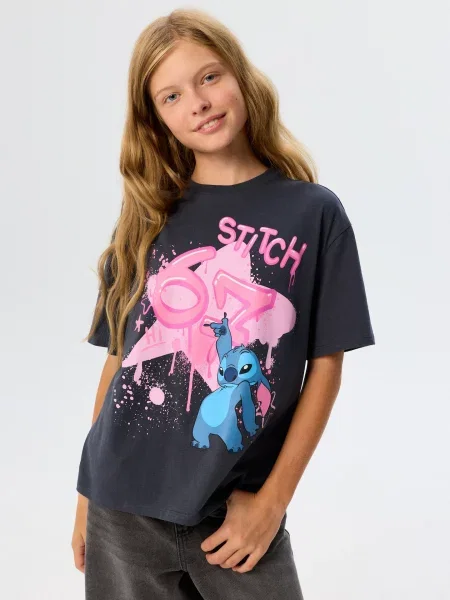 Sinsay oversize tričko s potiskem Stitch na zádech šedá