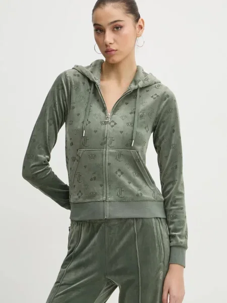 Суичър с качулка Juicy Couture с качулка с принт зелено