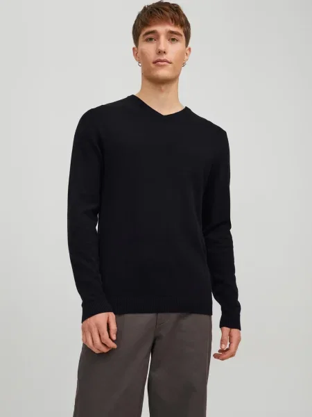 Pletený sveter Jack & Jones s výstrihom do v čierna
