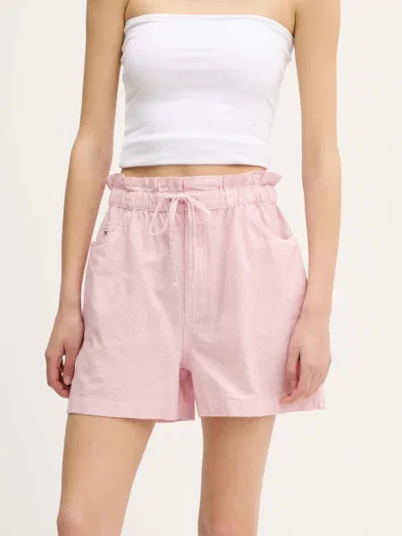 Tommy Jeans szorty z domieszką lnu wzorzyste high waist różowy