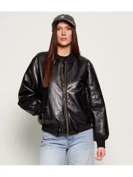 Anine Bing Geacă bomber LEON | Oversize fit cu adaos de piele negru