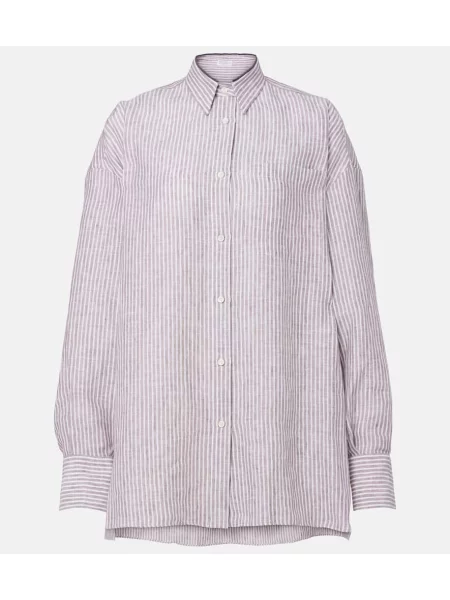 Cămașă Brunello Cucinelli de in cu dungi maro