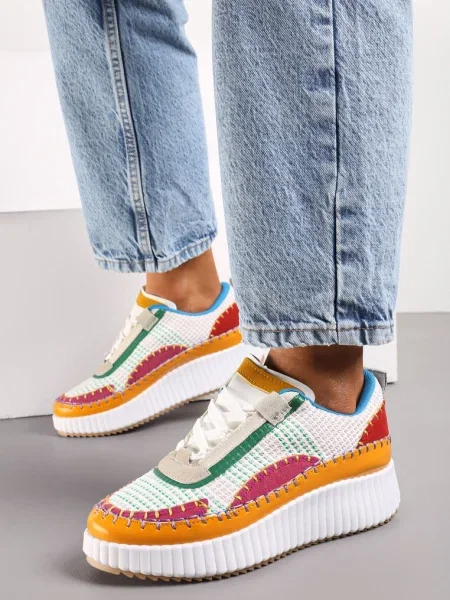 Sneakers Albi-Verzi pe Platformă cu Ținte și Inserții Patchwork Jeneria alb