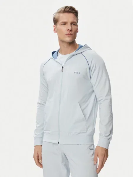 Jakna Boss s kapuljačom sa dugačkim rukavima plava
