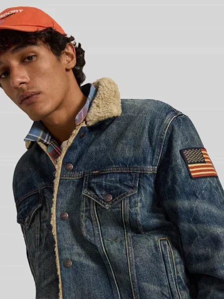 Kurtka jeansowa z kołnierzem z misia z czystej bawełny Polo Ralph Lauren niebieska
