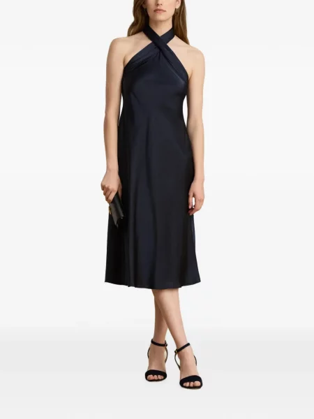 Μίντι φόρεμα Lauren Ralph Lauren γραβάτες με halter λαιμόκοψη μπλε